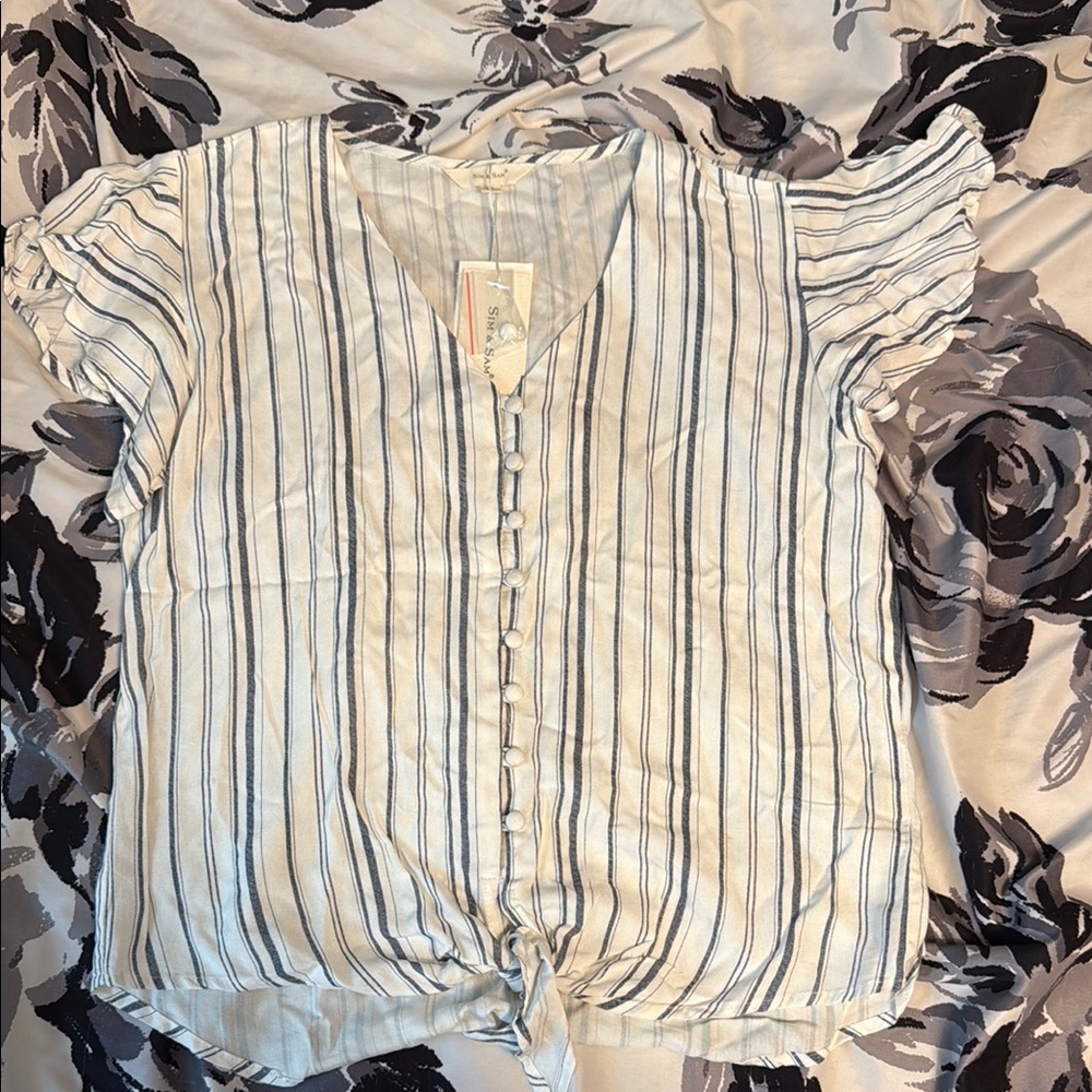 Striped V-Neck Button-Down Top